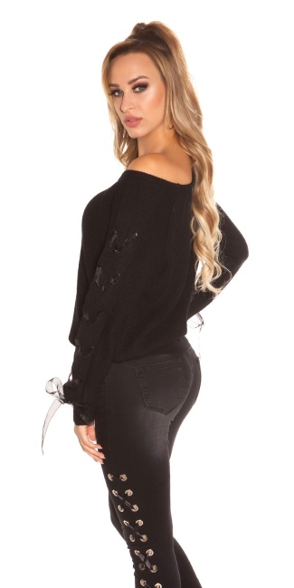 knit sweater with lacing Black